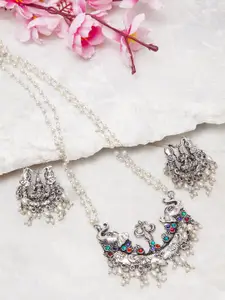 Moedbuille Silver-Plated Handcrafted Antique Temple Design Tasselled Necklace Set