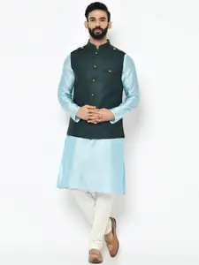 KISAH Men Blue & White Solid Kurta with Pyjamas & Nehru Jacket