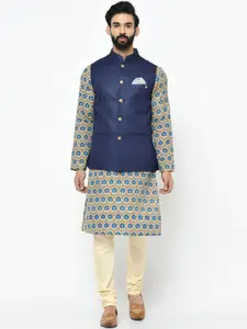 KISAH Men Navy Blue & Beige Solid Kurta with Churidar