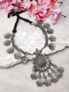 Moedbuille Women Gunmetal-Toned & German Silver Floral Tasselled Design Oxidised Necklace