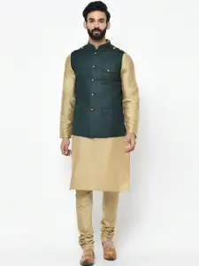 KISAH Men Beige & Green Solid Kurta with Churidar & Nehru Jacket