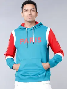 HIGHLANDER Men Blue & Red Colourblocked Hooded Sweatshirt