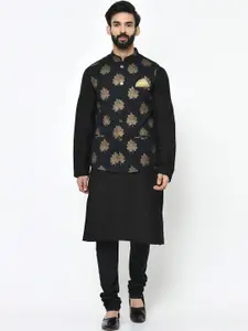 KISAH Men Black & Gold-Toned Solid Kurta with Pyjamas With Jacket