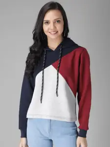 Kotty Women Black & Maroon Colourblocked Hooded Sweatshirt