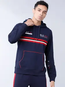 HIGHLANDER Men Navy Blue Striped Hooded Sweatshirt
