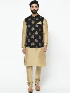 KISAH Men Gold-Toned & Beige Solid Kurta with Churidar & Nehru Jacket