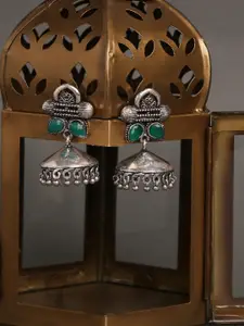 OOMPH Silver-Toned & Green Dome Shaped Jhumkas