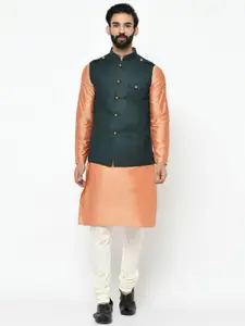 KISAH Men Peach-Coloured & Cream-Coloured Solid Kurta with Pyjamas