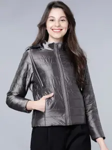 Tokyo Talkies Women Metallic Coloured Solid Padded Jacket with Detachable Hood