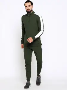 Maniac Men Olive Green & White Solid Slim Fit Tracksuit