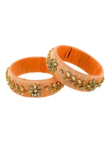 Silvermerc Designs Set of 2 Gold-Plated Peach & White Stone-Studded Handcrafted Bangles