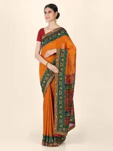 CLAI WORLD Orange & Green Silk Blend Printed Saree