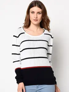 98 Degree North Women White Striped Pullover Sweater