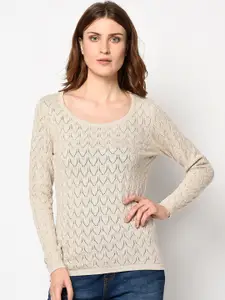 98 Degree North Women Beige Self Design Pullover Sweater