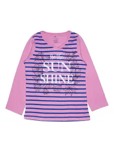 KiddoPanti Girls Pink  Blue Striped V-Neck Pure Cotton T-shirt