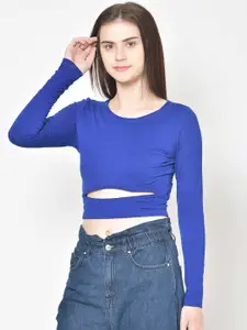 Cation Women Blue Solid Crop Pure Cotton Top