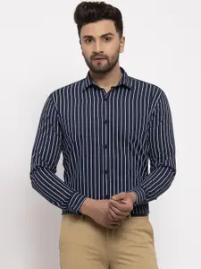 JAINISH Men Navy Blue & White Slim Fit Striped Formal Shirt