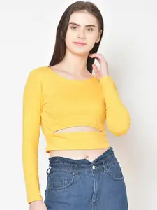 Cation Women Yellow Solid Crop Pure Cotton Top