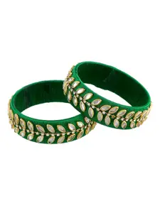 Silvermerc Designs Set Of 2 Gold-Plated Green & White Stone-Studded Handcrafted Bangles