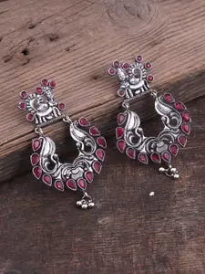 Silvermerc Designs Pink & Silver-Toned Peacock Shaped Drop Earrings