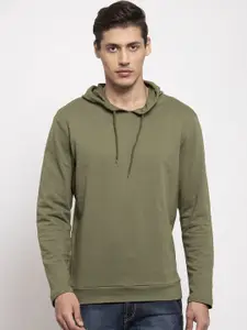 DOOR74 Men Olive Green Solid Hooded Sweatshirt