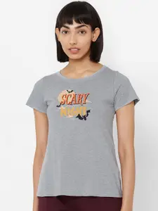 Soie Women Grey Melange & Yellow Printed Lounge T-shirt