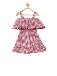 KIDKLO Girls Red Checked Fit and Flare Dress