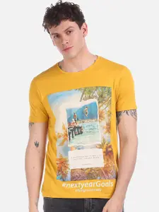Flying Machine Men Yellow Printed Round Neck Pure Cotton T-shirt
