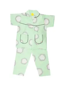 The Magic Wand Girls Green & Off-White Printed Night Suit