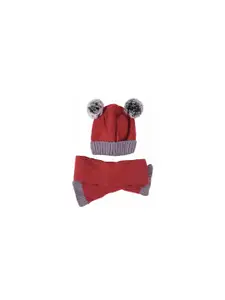 Yellow Bee Boys Maroon & Grey Colourblocked Beanie with Scarf