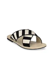 AADY AUSTIN Women Black & Off-White  Striped Open Toe Flats