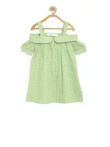 KIDKLO Girls Green Checked Organic Cotton A-Line Dress