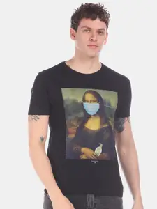 Flying Machine Men Black Mona Lisa Printed Round Neck Pure Cotton T-shirt