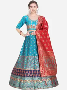 Mitera Blue & Red Woven Design Unstitched Lehenga & Blouse with Dupatta