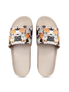 FREECO Women Beige & White Printed Sliders