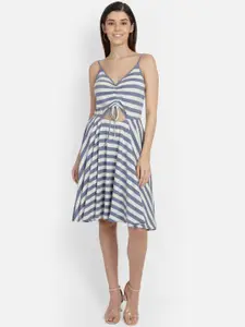 Yaadleen Women Blue & White Striped Fit and Flare Dress