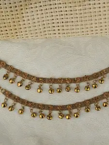 ANIKAS CREATION Set Of 2 Gold-Plated Tan-Brown Stone-Studded Anklets