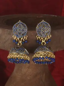 ANIKAS CREATION Gold-Plated & Blue Enamelled Dome Shaped Jhumkas