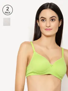 Floret Pack Of 2 Grey Melange & Lime Green Solid Non-Wired Heavily Padded Push-Up Bra