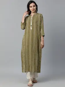 Indo Era Women Green Striped Straight Kurta
