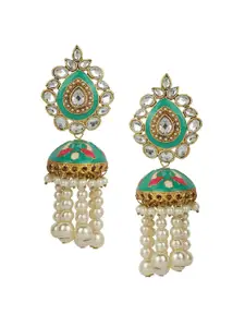 ANIKAS CREATION Green & Off-White Teardrop Shaped Jhumkas