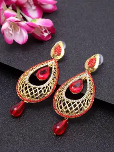 ANIKAS CREATION Gold-Toned & Red Oval Drop Earrings