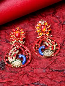 ANIKAS CREATION Red & Blue Peacock Shaped Drop Earrings