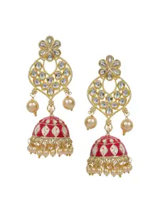 ANIKAS CREATION Gold-Plated & Red Meenakari Enamelled Dome Shaped Jhumkas
