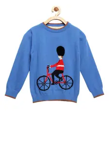 Cherry Crumble Boys and Girls Blue Solid Embroidered Royal Guard Sweater