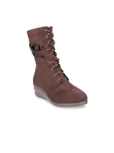 SHUZ TOUCH Women Brown Solid Suede Heeled Boots