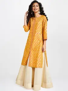 Global Desi Women Mustard Yellow & Pink Woven Design Straight Kurta