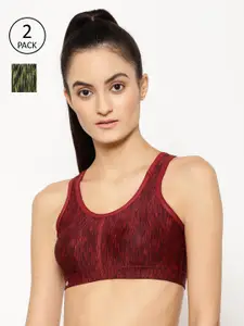 Floret Pack Of 2 Printed Non-Wired Lightly Padded Workout Bras T3066_Maroon-Lime Green_30B