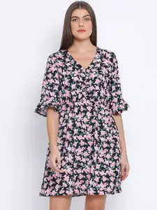 Oxolloxo Women Black Floral Printed Fit and Flare Dress
