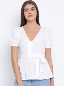 Oxolloxo Women White Solid Cinched Waist Top